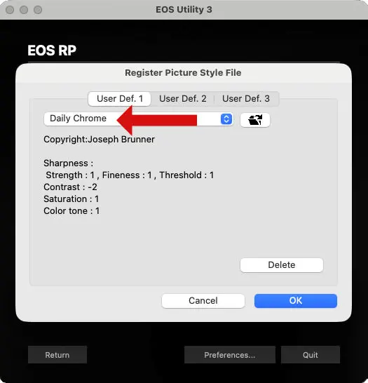 The slot menu now shows Daily Chrome with its settings listed
