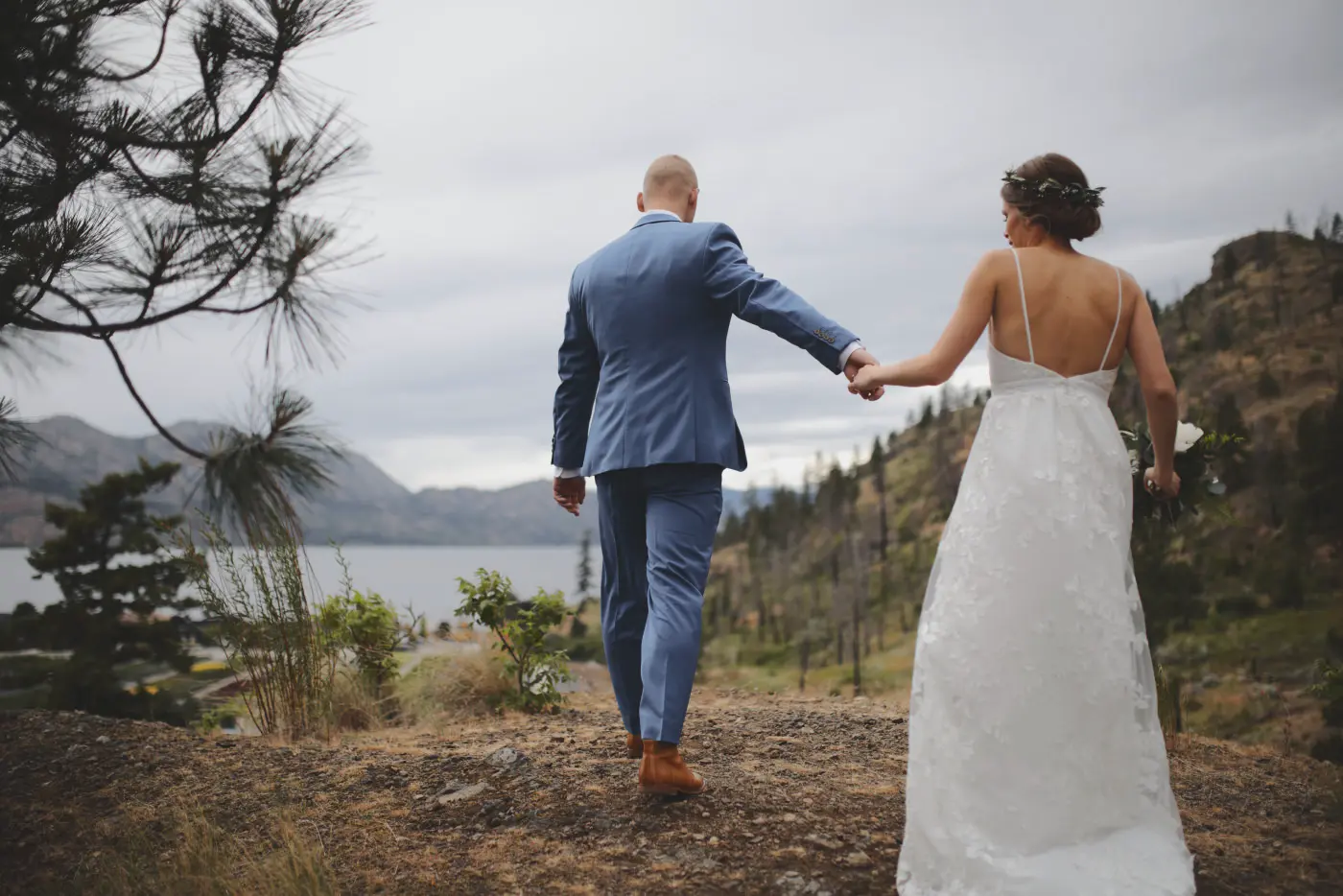 Wedding couple backs, in the Classic Gold Filmic style